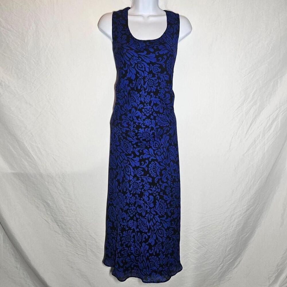 y2k 90s blue black patterned paisley straight cut midi dress